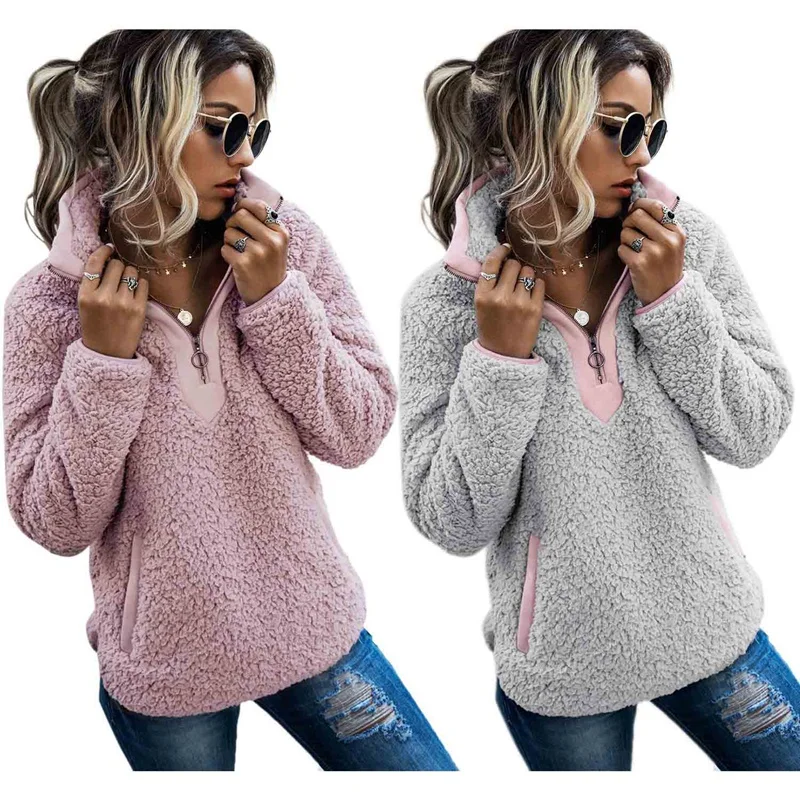 

2 Pcs Sherpa Sweater Teddy Fleece Pullover Half Zipper Sherpa Fleece Tops Female Warm Coat Sweaters L Size Pink & Gray
