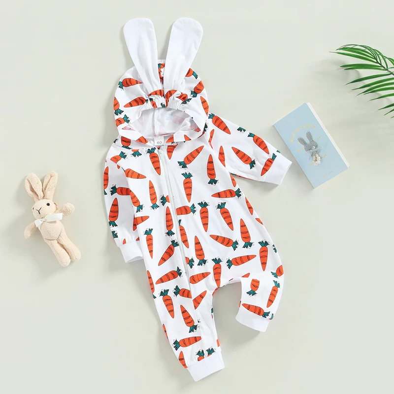 Newborn Baby Boys Girls Lovely Easter Romper, Long Sleeve Zip Front Carrot Print Hooded Bunny Jumpsuit 0-18Months