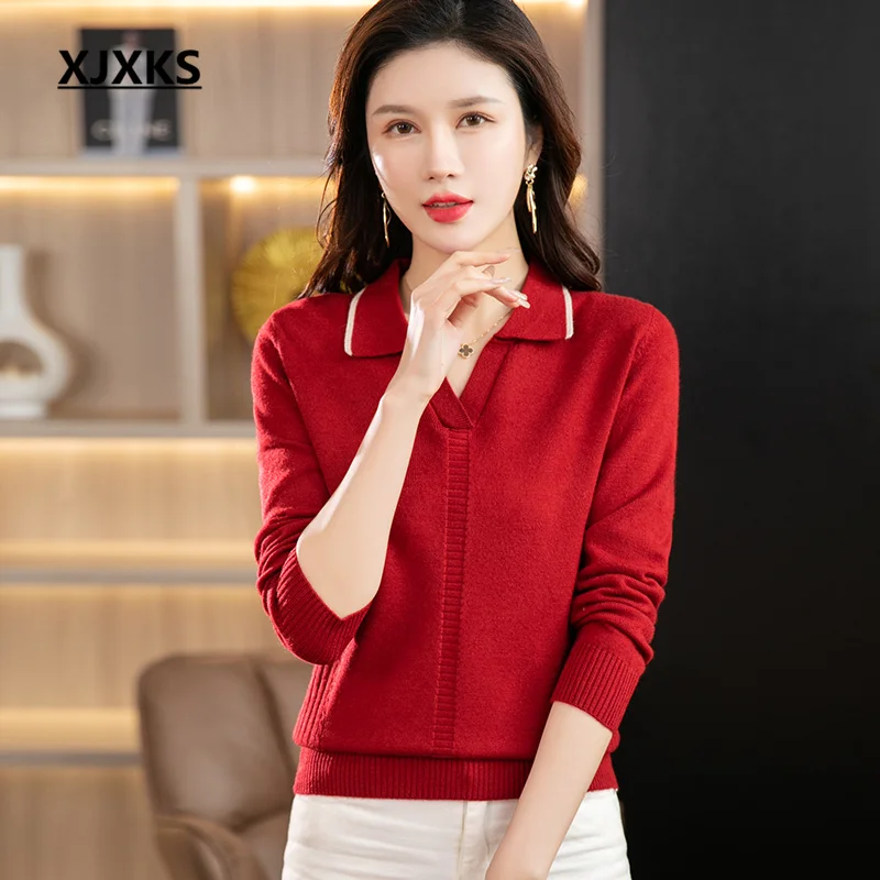 

Новинка весна-осень 2023, Однотонный свитер XJXKS с баской, женские вязаные топы, высококачественный мягкий шерстяной пуловер