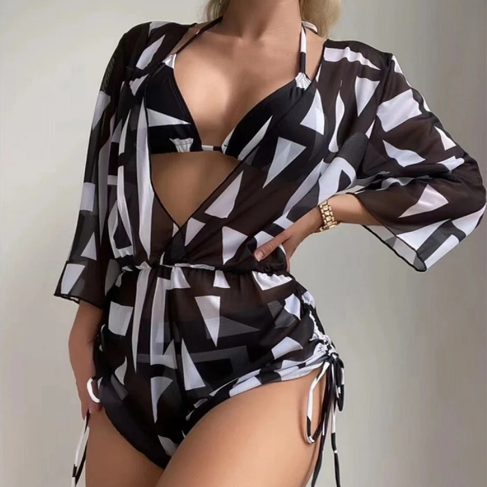 Three Piece Set Plain V-neck Bikini Set Hollow Out Tunic Loose Cover Up For Woman 2023 Lace Up Halter Triangle Bikini Swimsuit
