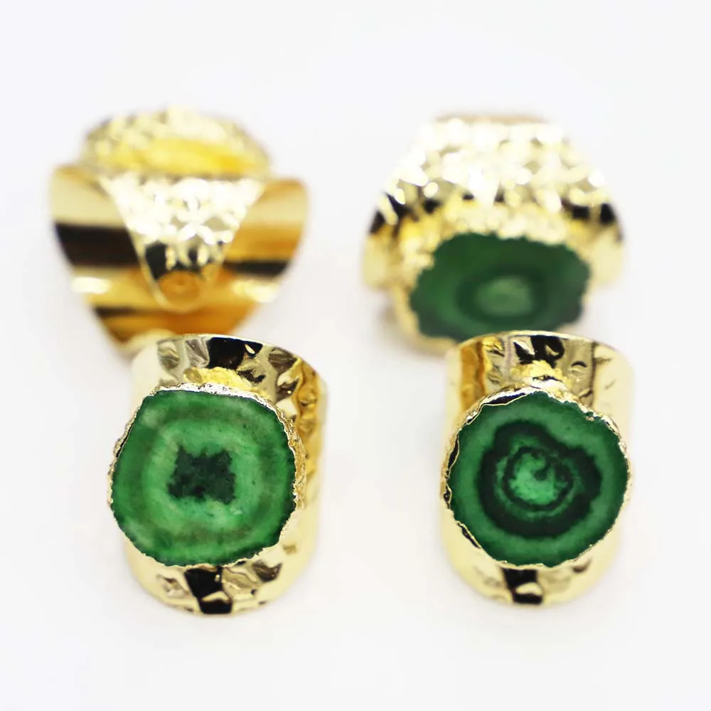 

2pcs/lot Sell Raw Stone Green Sunflower Agates Druzy Quartz Adjustable Ring Irregualr Gold Color Open Finger Jewelry Wholesale