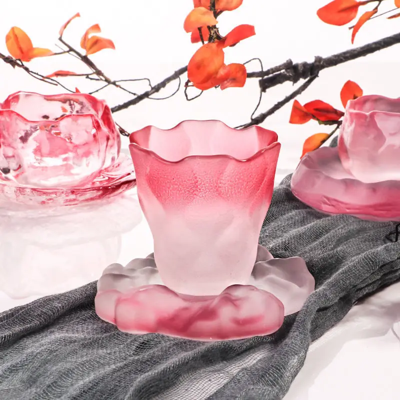 Japanese-style first snow gradient pink cover bowl fair cup ladies tea set hostess tea cup tea cup handmade glass cup
