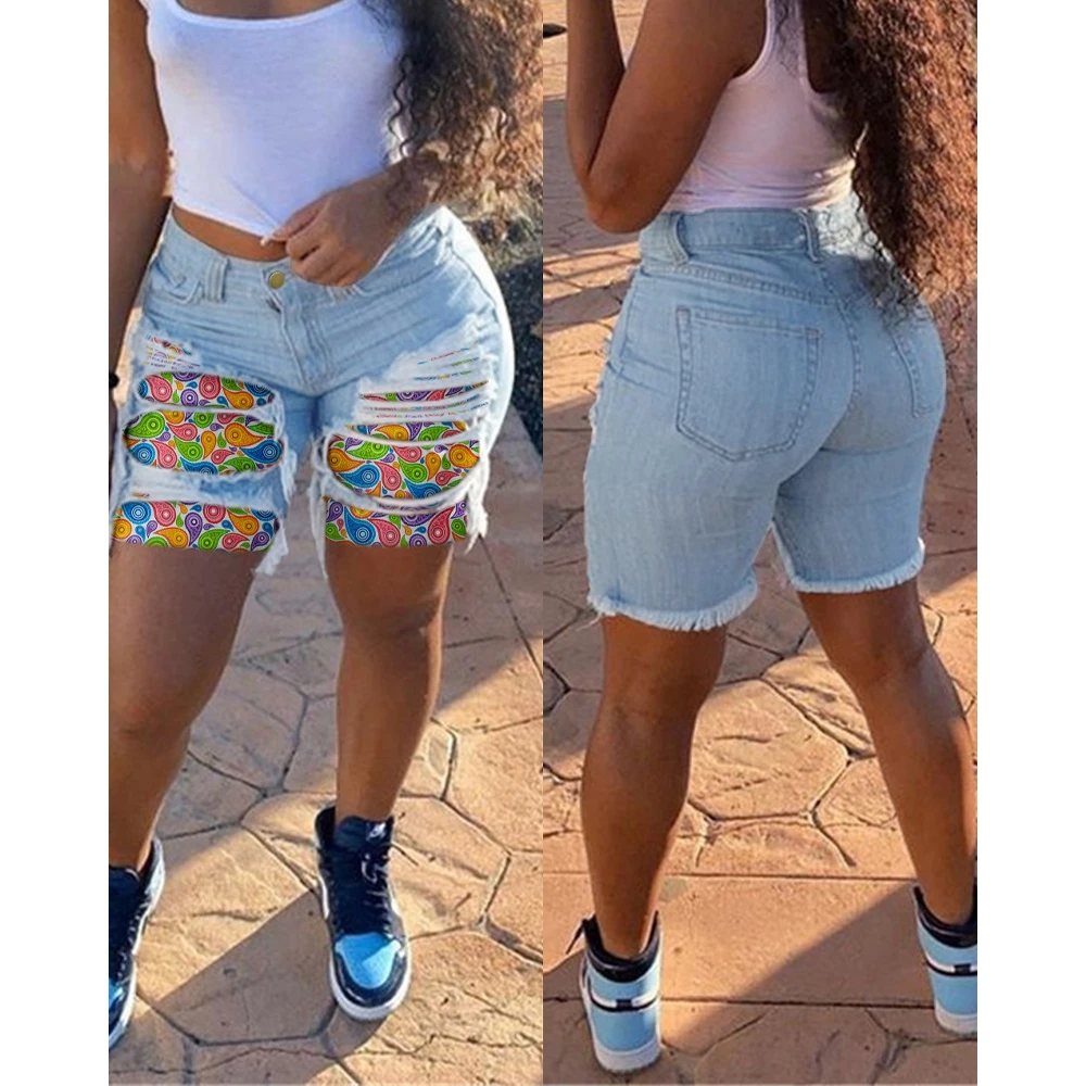 Women High Waist Paisley Print Washed Denim Shorts Female Casual Elegant Summer Hollow-out Cutout Ripped Raw Hem Hot Pants