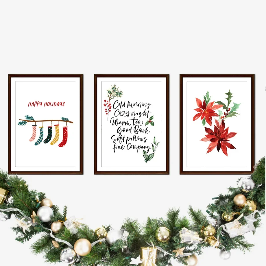 Рождественская тема сосна Цветок Птица Красный Дом снег настенное искусство