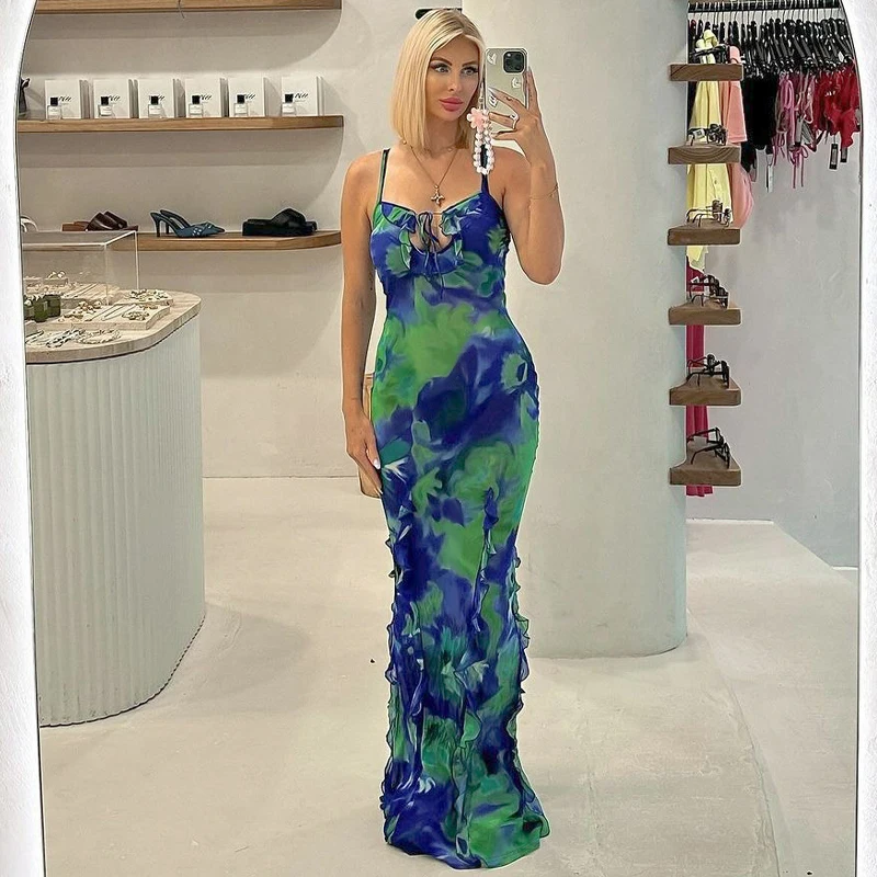 Женское длинное платье на бретельках с принтом пикантное Пляжное Платье макси