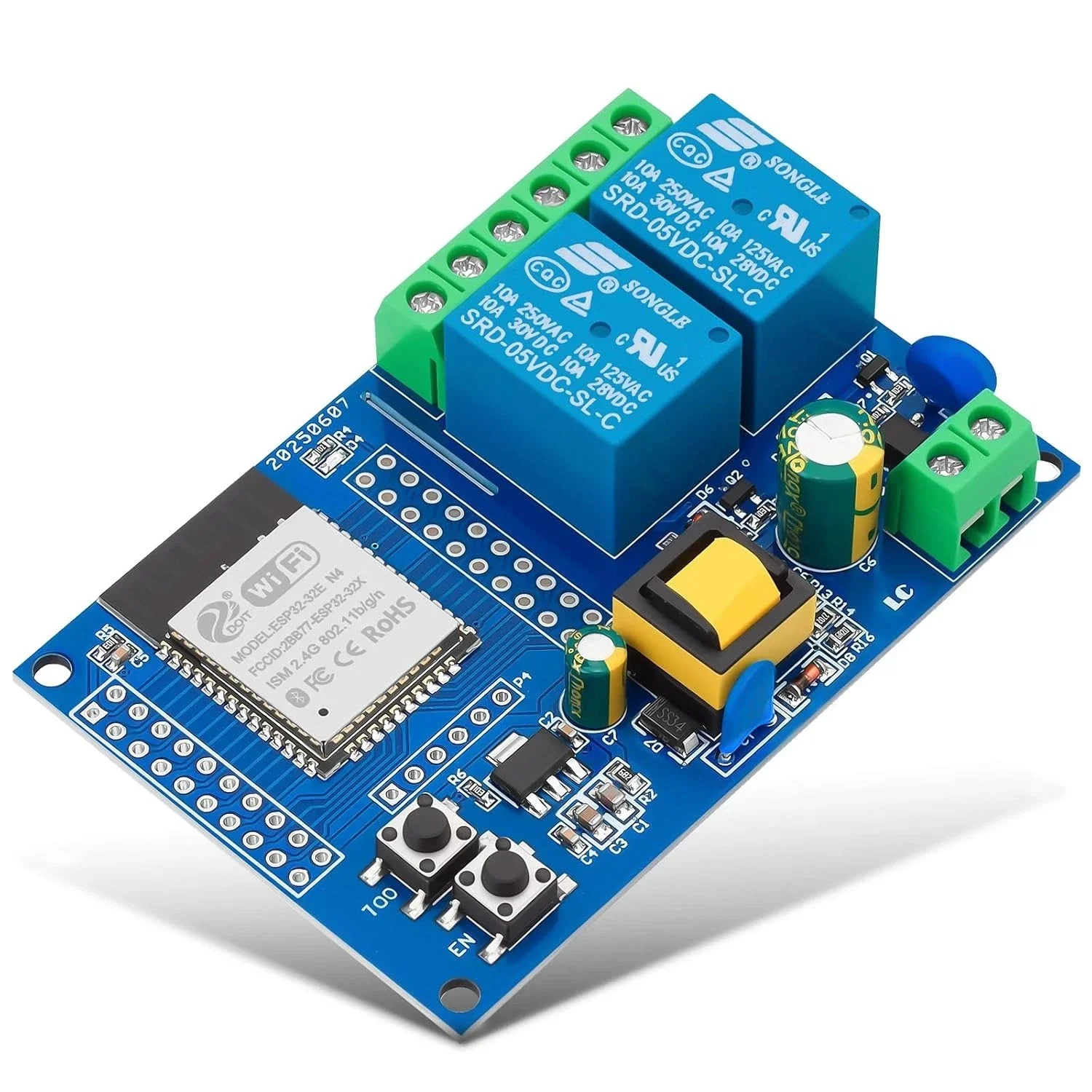 Фото Модуль умного реле AC220V ESP32, 2-канальный, с Wi-Fi и Bluetooth, беспроводной дистанционный выключатель для управления гаражными воротами, приводом ворот, мотором, рольставнями №2