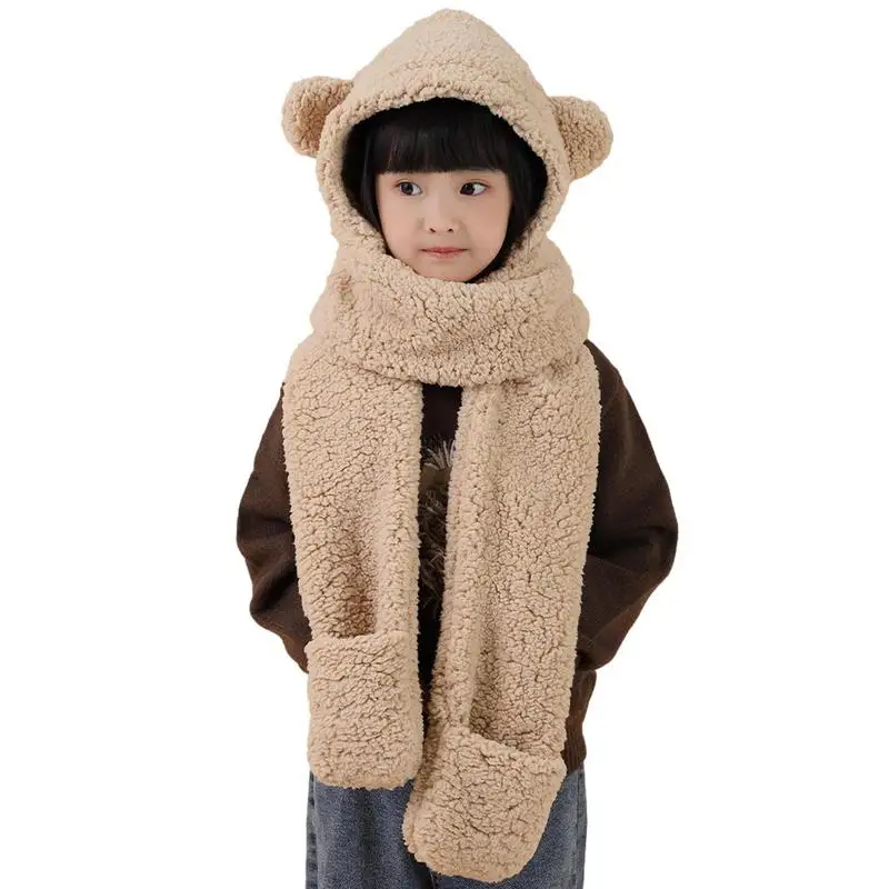 

Winter Cashmere Balaclava With Bear Ear Hat Scarf Gloves Set 3 In 1 Woman Cute Beanies Caps Hood Warm Thick Plush Solid Color