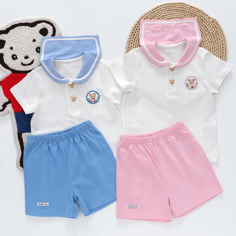 

Family Children's Clothing Summer New Children's College Style Bear Badge Navy Collar Set Sister and Brother Outfit