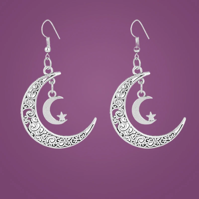 

Silver Crescent Earrings Pendant Handmade Crystal Witch Hippie Filigree Star Gifts Women's Jewelry
