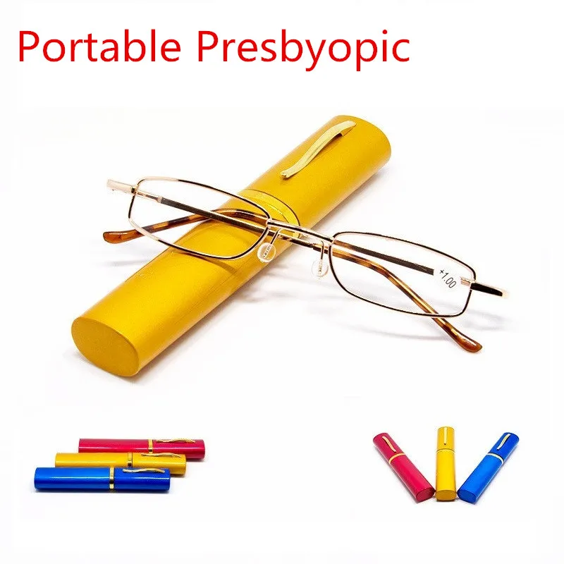 

2020Unisex Reading Glasses with Pen Tube Case Portable Presbyopic Glasses Metal Case Spring Hinge Eyeglasses Vision Care okulary