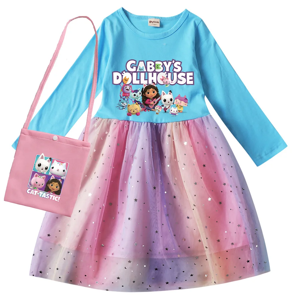 Gabby Dollhouse Cats Dress Kids Wedding Party Sequin Dress Baby Girls Long Sleeve Dresses with Small Bag Birthday Gifts Vestidos
