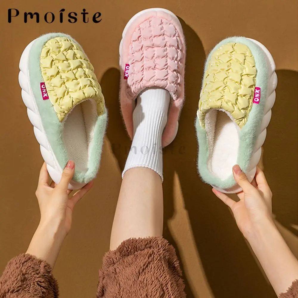 Furry Women Home Slippers Down Cloth Gingham Female Indoor Slippers Soft Fashion Platform Shoes with Fur Couples House Slippers