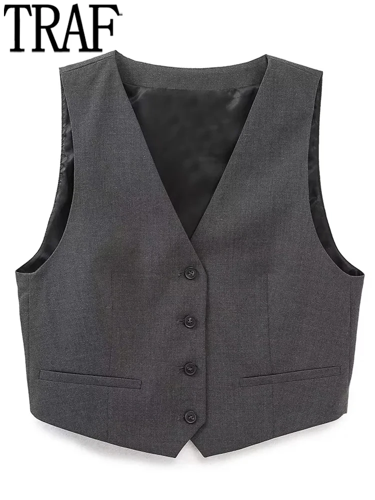 

TRAF Grey Sleeveless Blazer Woman Jacket Cropped Jacket Women's Suit Vest Waistcoat Women Autumn 2022 Elegant Vests For Women