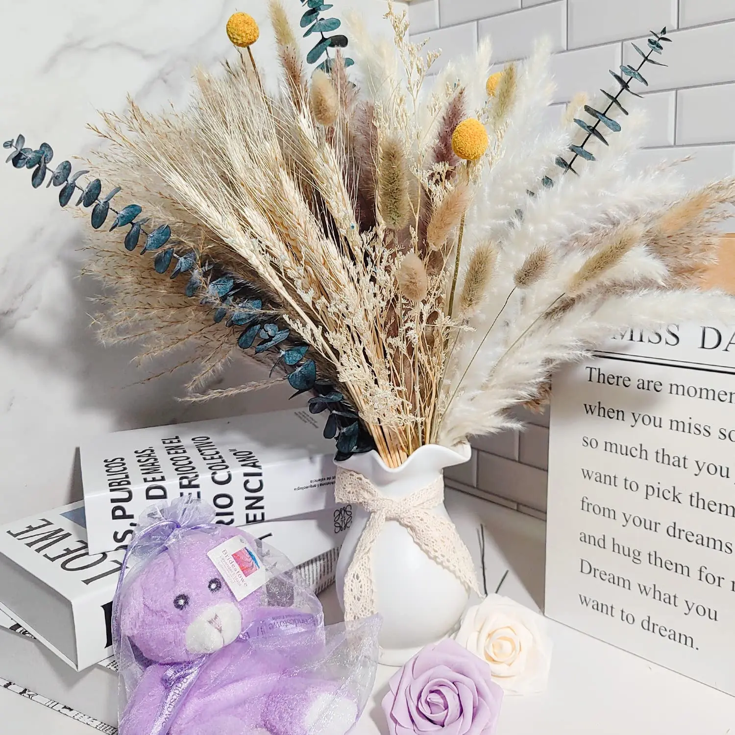 

76PCS Wedding Arrangement Natural Dried Pampas Grass Bouquet Boho Rabbit Tail Grass Phragmites Dried Flowers Bouquet Decoration