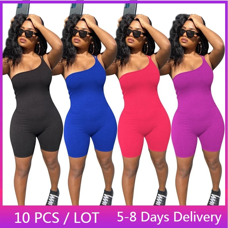 

Wholesale Items Solid Bodycon Jumpsuit Women Clothing Skew Collar Ribbed Skinny Playsuit Summer Backless Casual Rompers Jumpsuit