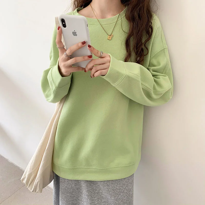 

Sweatshirt Women 2022 Spring Summer Solid Color Korean Round Neck Long Sleeve Warm Loose Casual Vintage Sweatshirts Pullover