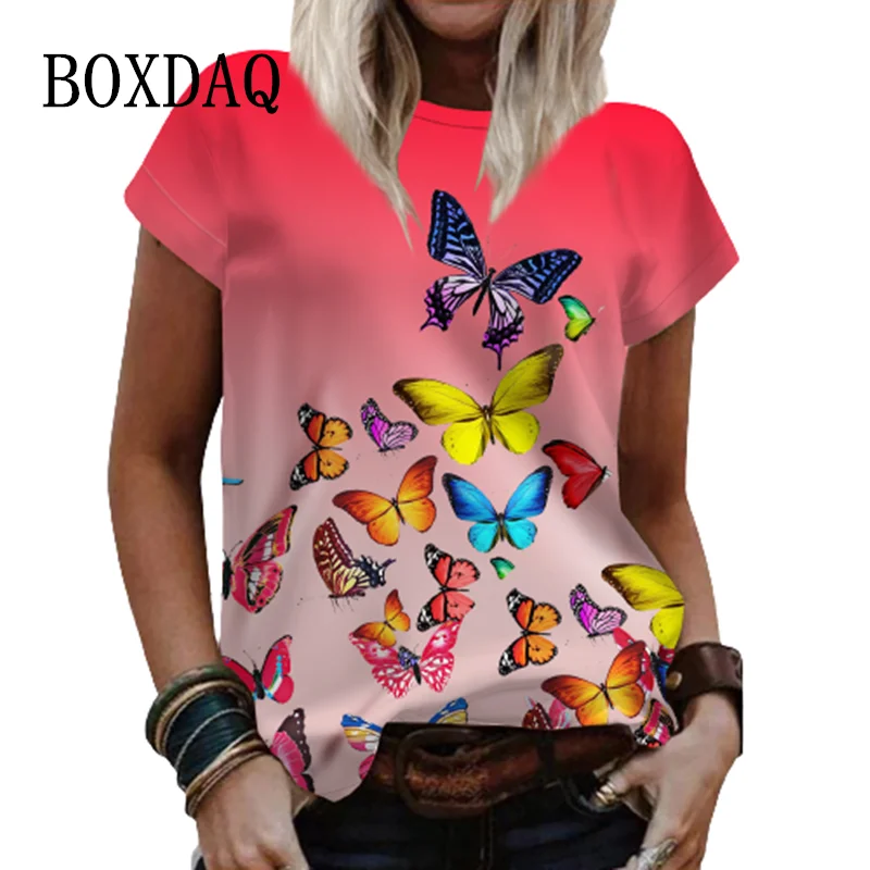 

Женская футболка с коротким рукавом и принтом бабочки, Новая модная женская одежда, свободная Летняя Повседневная футболка большого размер...