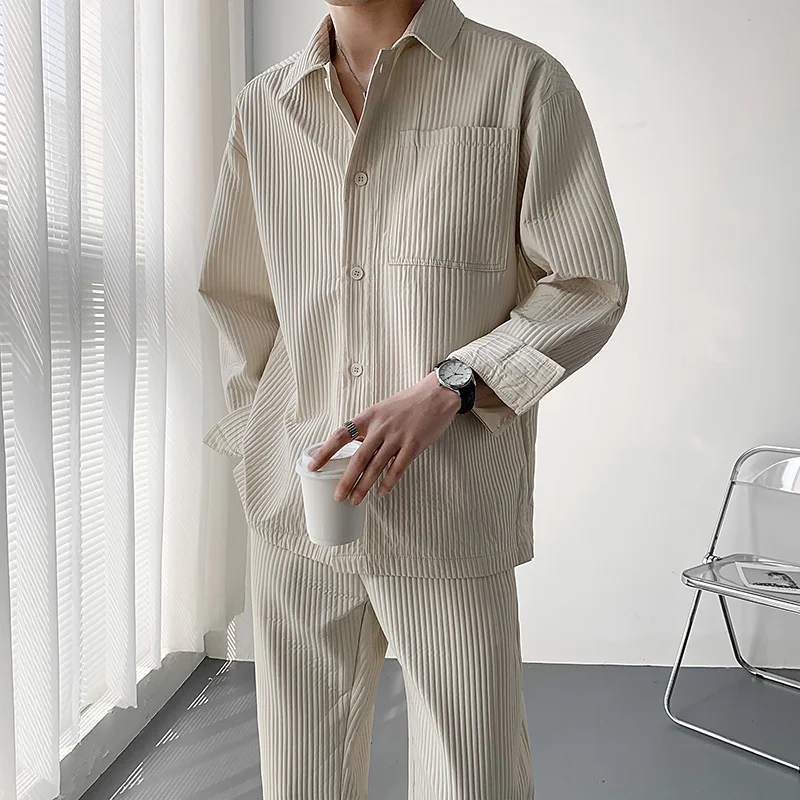 Spring/Summer Pleated Set Men Fashion Social Mens Dress Set Korean Long Sleeve Shirt/Trousers Two Piece Set Men Ice Silk Suit