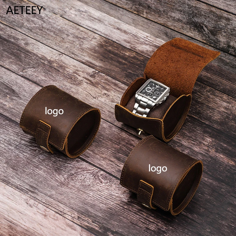 

Vintage Crazy Horse Oil Genuine Cowhide Leather Material Watch Case Single Slot Round Creative Watch Storage Box Men Watchcase