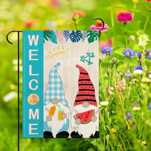 Добро пожаловать Летние гномы Садовые флаги 12 5X18 дюймов Двусторонние