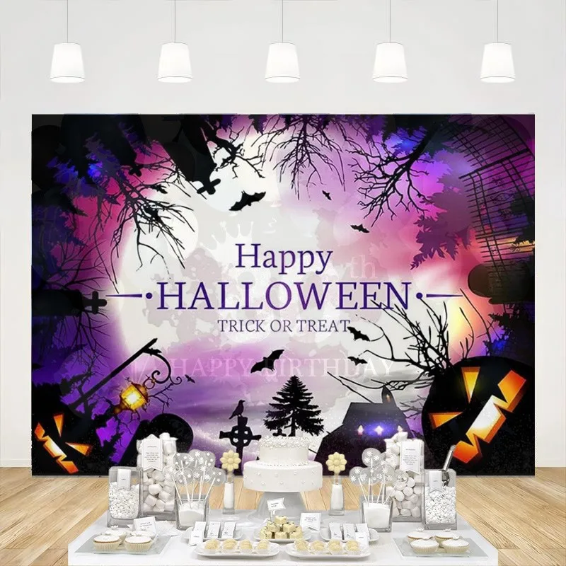 

Happy Halloween Backdrop Purple Night Moon Photography Background Scary Bat Cemetery Theme Party Decoration Photo Studio Props