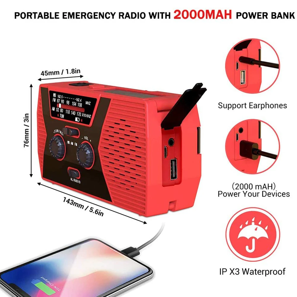 

Portable Multifunctional Emergency Radio Solar Weather Radios with Hand Crank NOAA/AM/FM Headphone Jack Alarm Lamp 2000mAh