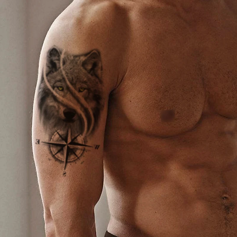 

Temporary Tattoo Stickers Black Compass Wolf Green Eyes Letter Totem Fake Tattoos Waterproof Tatoos Arm Large Size for Women Men