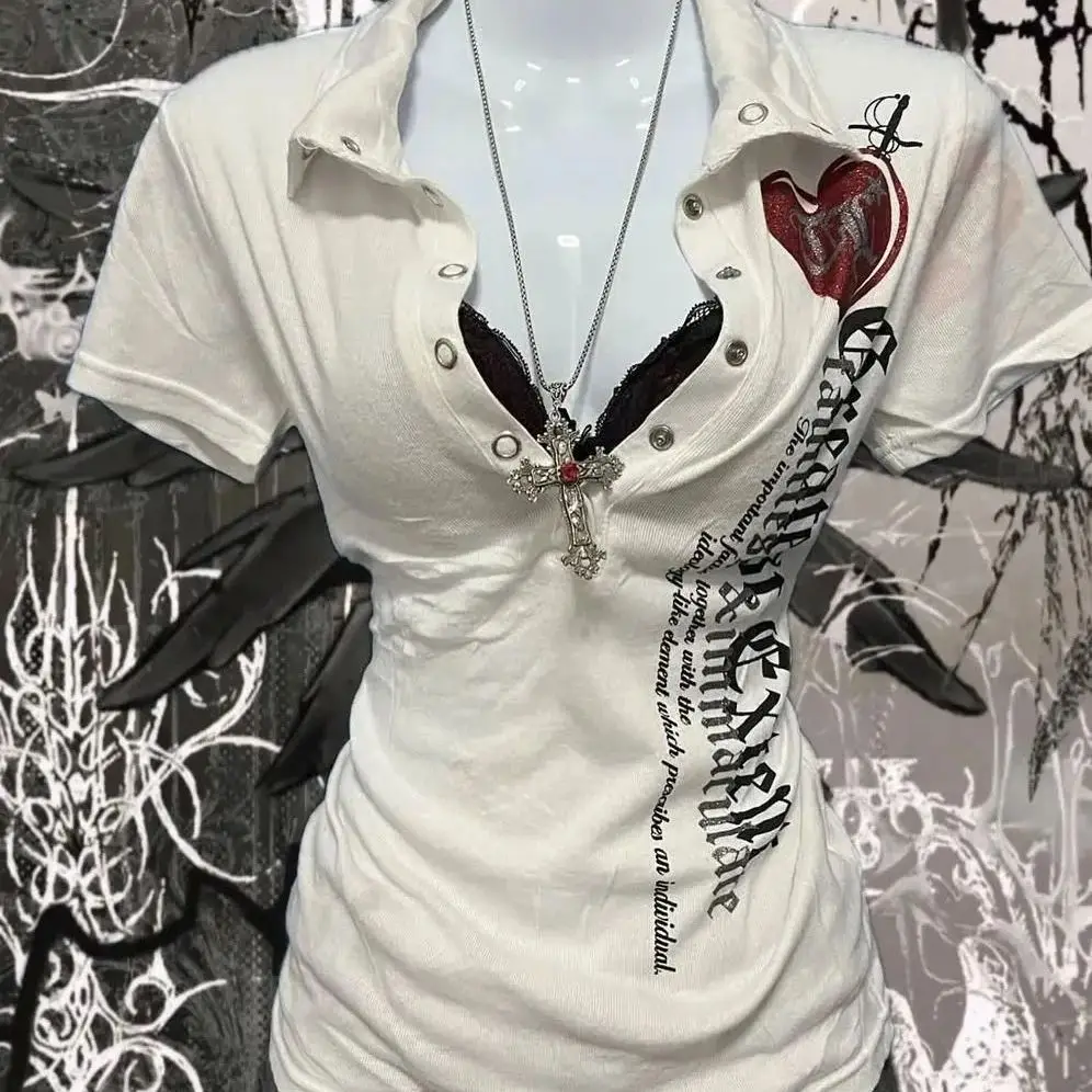 Ретро-футболка Y2K в стиле New Millennium Street Wear для дерзких девушек, белая, с коротким рукавом, женская, винтажная, приталенная, с эффектом утяжки талии, в стиле Ins (art.: 3920d82c8208e) - 3920d82c8208e