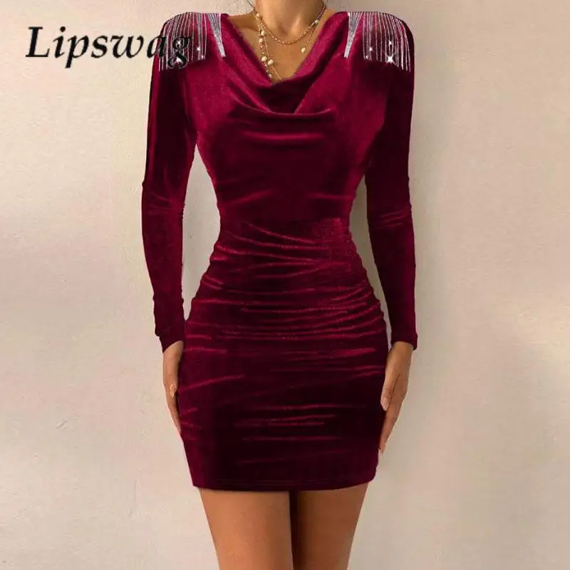 

Chic O-Neck Velvet Mini Dress Fashion Slim Fit Folding Versatile Hip Wrap Dress Women Vintage Fringed Long Sleeve Party Dresses