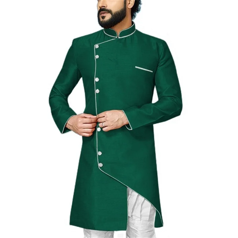 

Костюм мужской длинный с воротником-стойкой, ассиметричный Свадебный приталенный Блейзер в индийском стиле для жениха, пиджак для выпускного вечера, 13 цветов