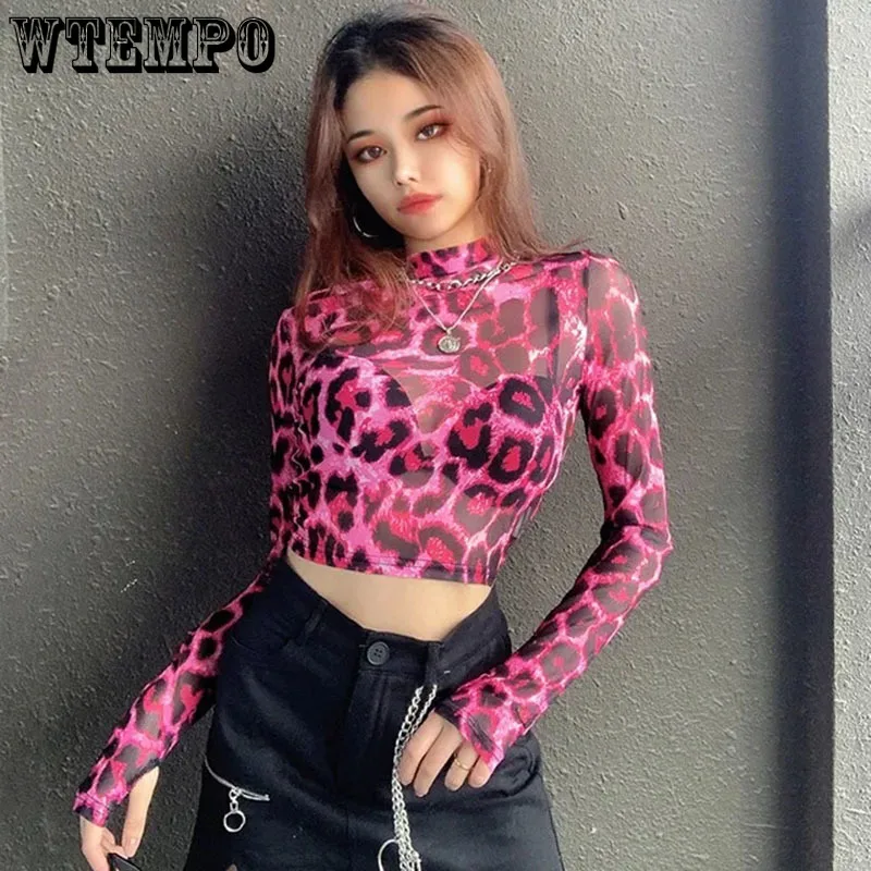 Corset Top Blouse Mesh T-shirt Fashion Retro Sexy Pink Leopard Perspective Female Semi-high Collar Spring and Summer Wholesale