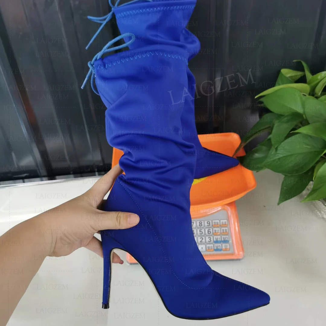 

SEIIHEM Women Boots Calf High Pull On Pointed Toe Pleadted Stiletto High Heels Botas Sapato Ladies Shoes Woman Big Size 41 44 47