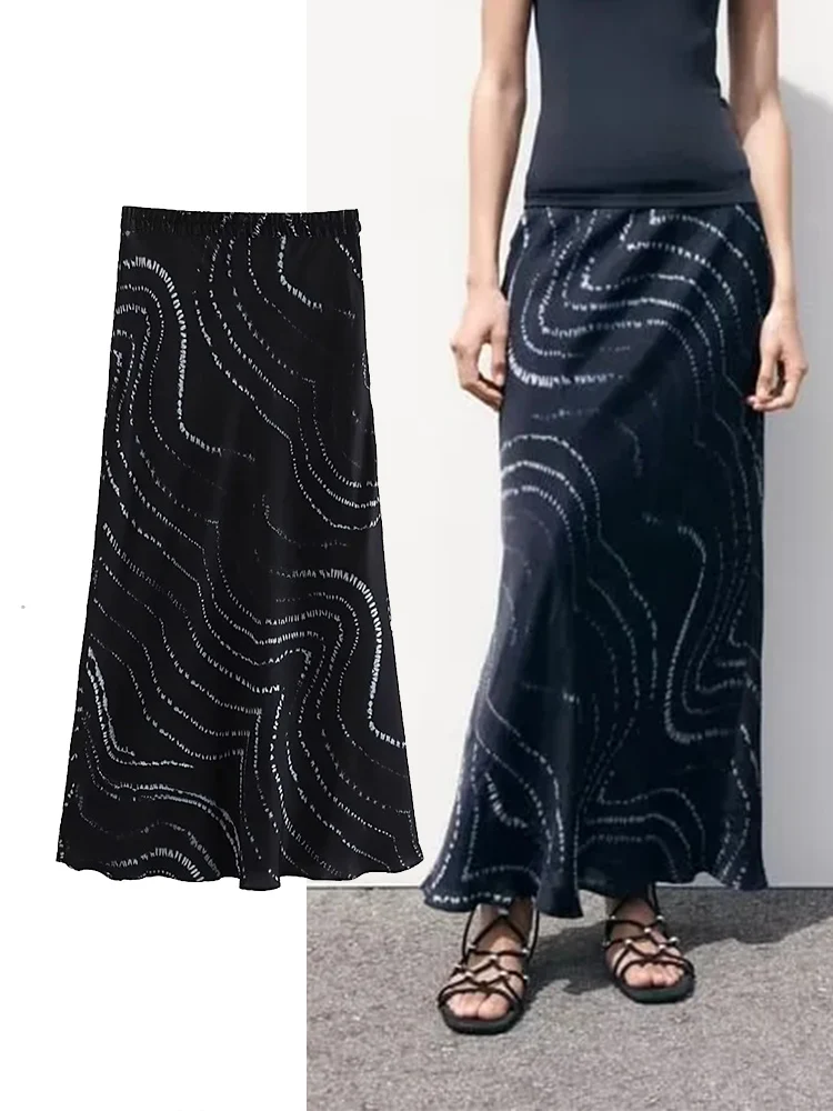 

Юбка-миди женская льняная с принтом, черная, в винтажном стиле