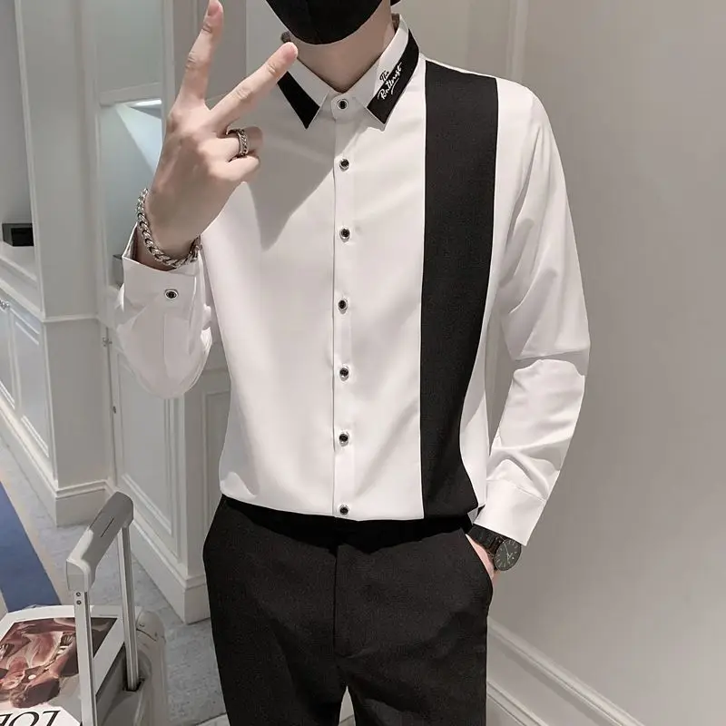 Fashion Lapel Button Spliced Letter Embroidery Asymmetrical Shirt Men's Clothing 2022 Autumn New Casual Tops All-match Shirts