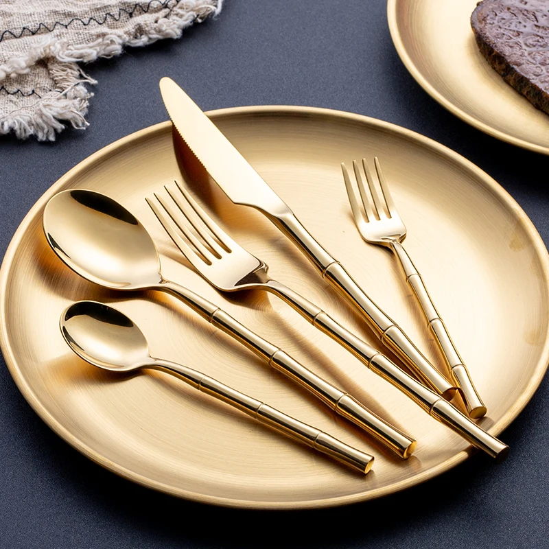 

New gold cutlery set Knife Fork Spoon 304 Metal Spoon Flatware Sets Bamboo Design Dishwasher safetynerware Set
