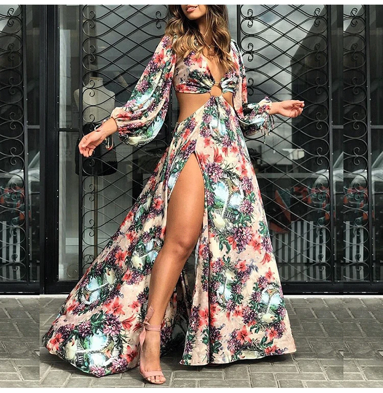 

Women Summer Fall Floral Print Cutout Thigh Slit Maxi Dress Holiday Vocation Boho Beach Long Dress Sexy Backless Party Vestidos