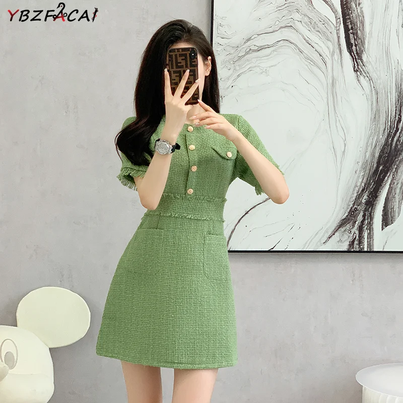 

Summer Light Dress High Quality Women Green Tweed Dress Elegant Luxury Round Neck Button Short Sleeve Slim Pretty Dress Korea
