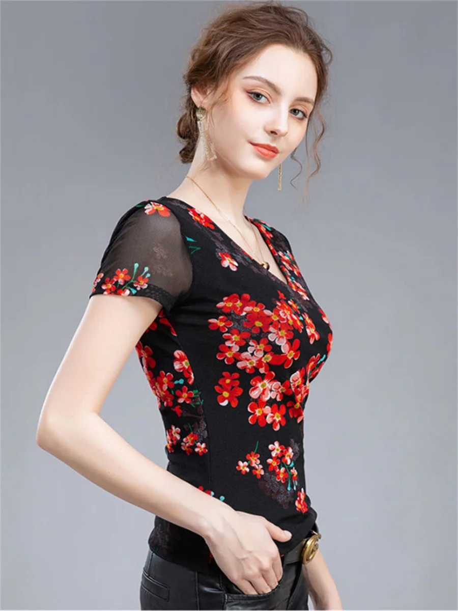 Женская весенне-летняя блузка с V-образным вырезом и цветочным принтом g2192 4XL