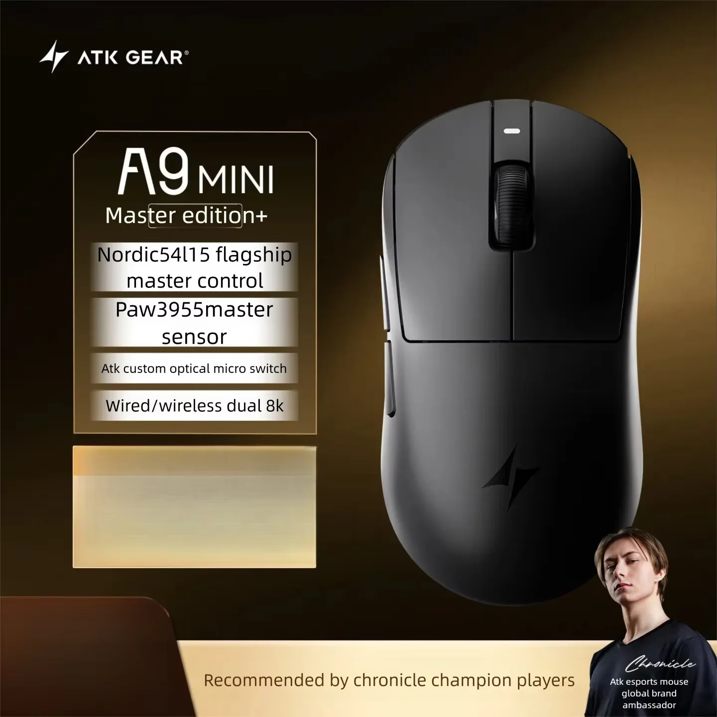 Фото Новая беспроводная игровая мышь ATK Dragonfly A9 MINI Ultimate+ 39 г для маленьких и средних рук, с датчиком PAW3955 MASTER, частотой опроса 8K, NearLink, оптическая, RGB №2