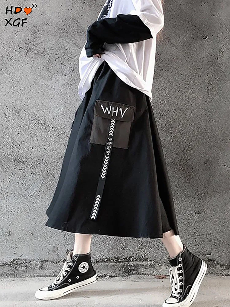 

Harajuku Pocket Embroidered Letters Midi Skirt For Women Summer Elastic High Waist A-line Skirt Streetwear Y2k Loose Long Skirts