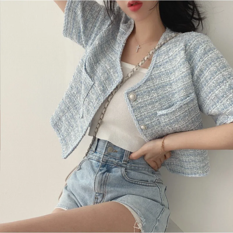 

Blazers Femininas O Neck Short Sleeve Blue Tweed Jacket Cropped Cardigan Tops Suit Summer Plaid Shirt Women Casual Coat Korean