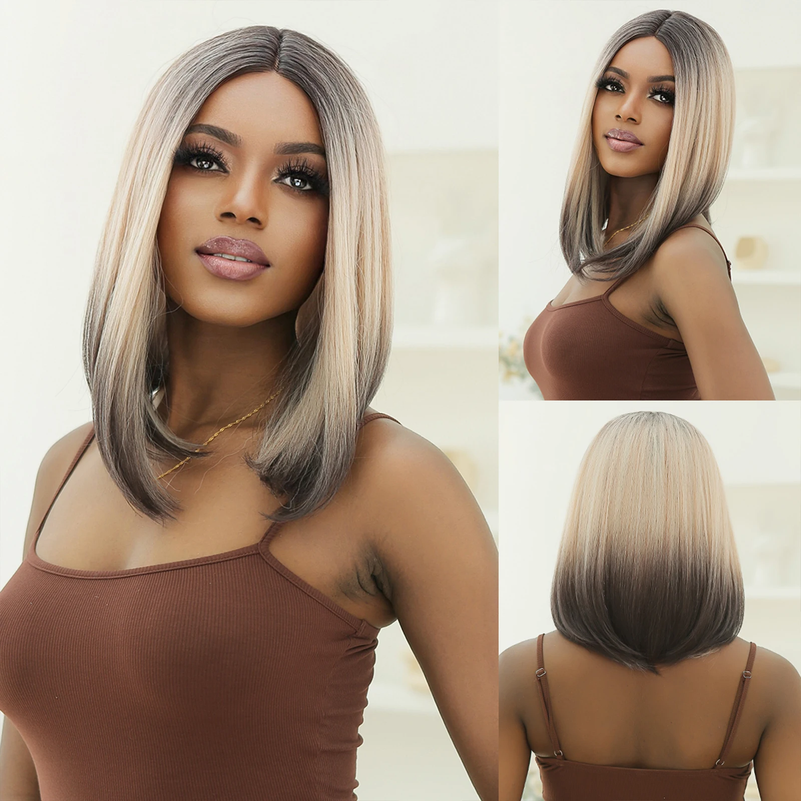 

HAIRCUBE Brown Blonde Ombre Straight Wigs for Afro Women Short Brown Lace Front Wigs Lolita Daily Heat Resistant Natural Bob Wig