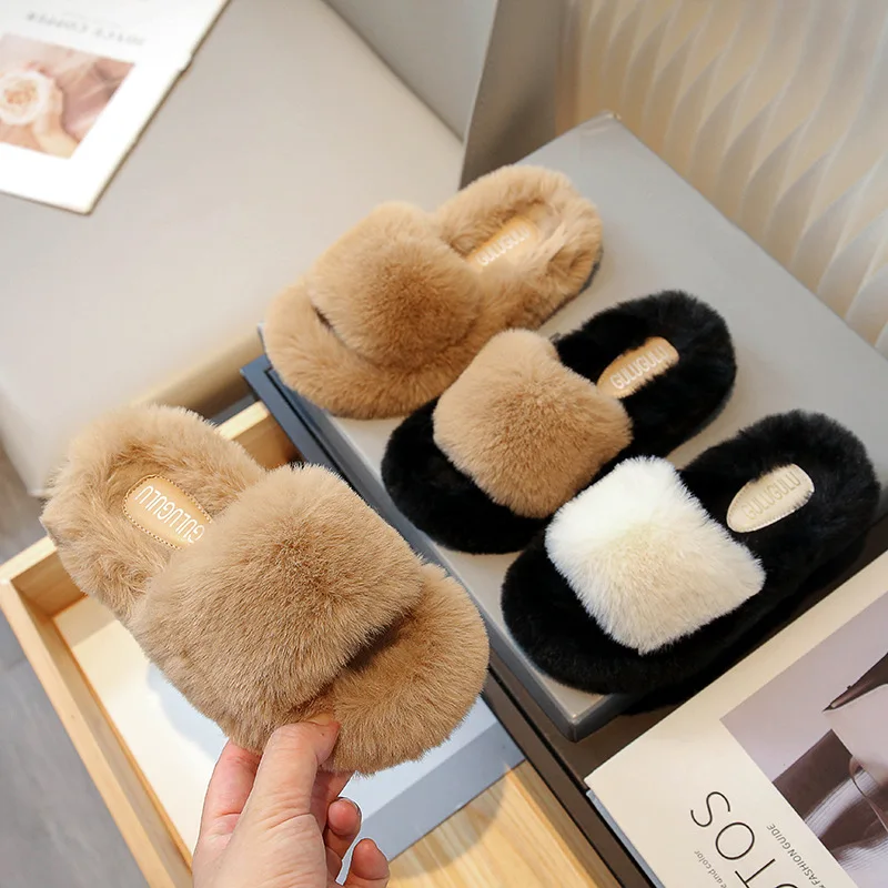 

Kid Winter Fluffy Slippers for Girl 2023 New Indoor Home Fashion Causal Slippers Children Open-toe Flat Cozy Fuzzy Shoes Slip-on