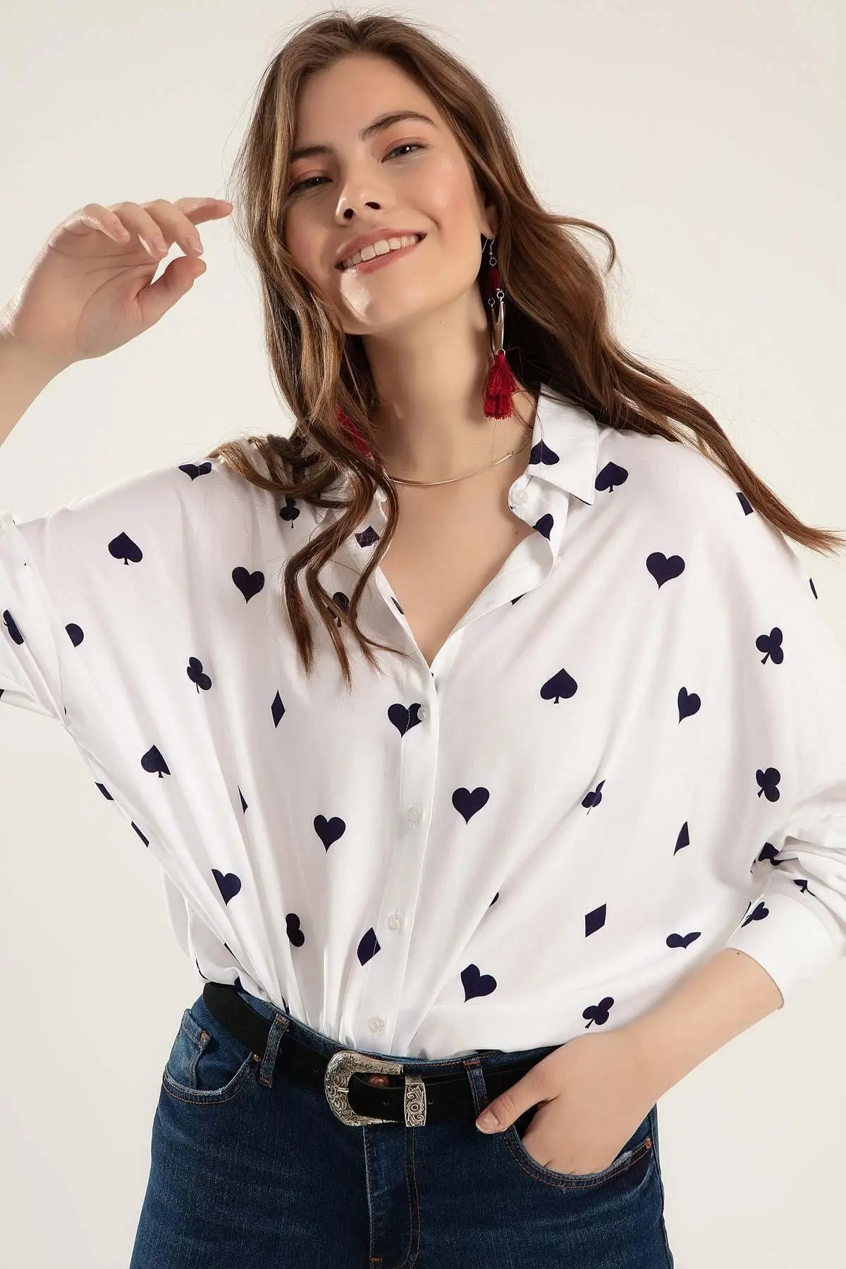 

Women White Cards Printed Oversize Casual Cut Shirt