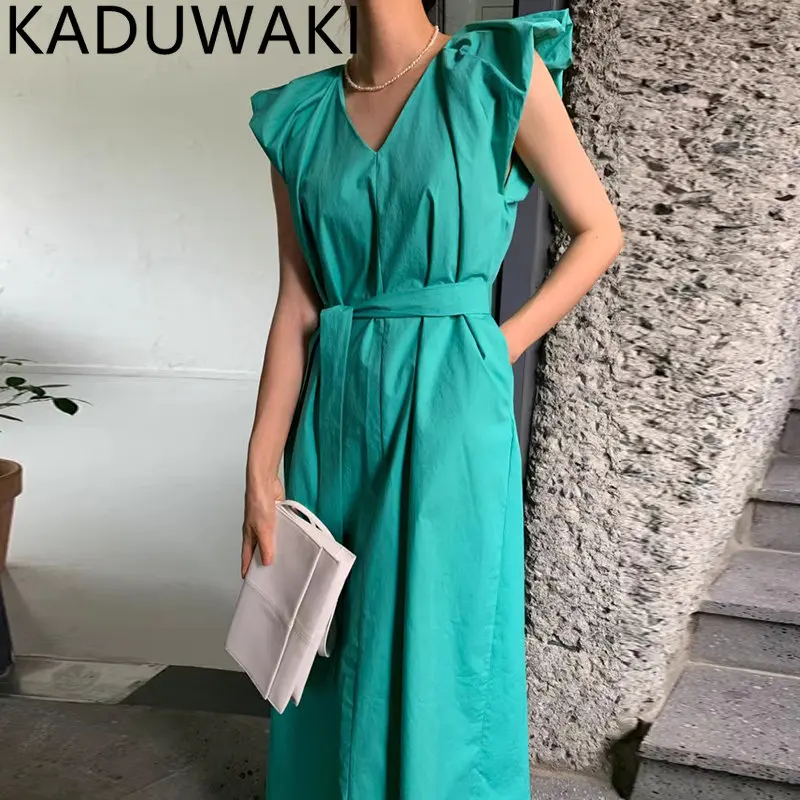 

Elegant V Neck Green Dress Women Summer Sexy Short Fly Sleeve A-Line Dresses Cotton Casual Pleated Slim Midi Dress 2023 Blue