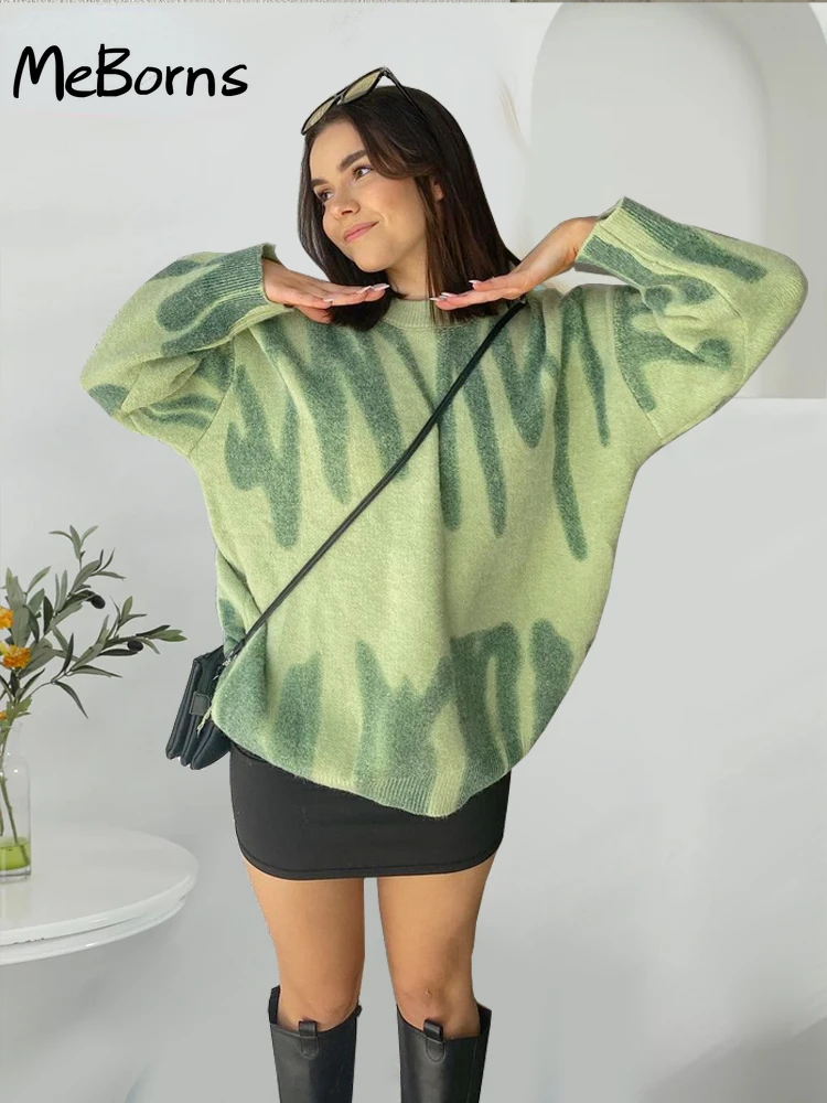 

Elegant Green Striped Print Pullovers Women Winter O-Neck Loose Long Sweaters Streetwear Warm Outerwear 2022