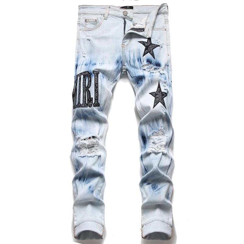 

Five-pointed Star Embroidered Word Art Jeans Men's Ripped Casual Slim Cotton Stretch Scratch Blue Gradient Splashing Ink