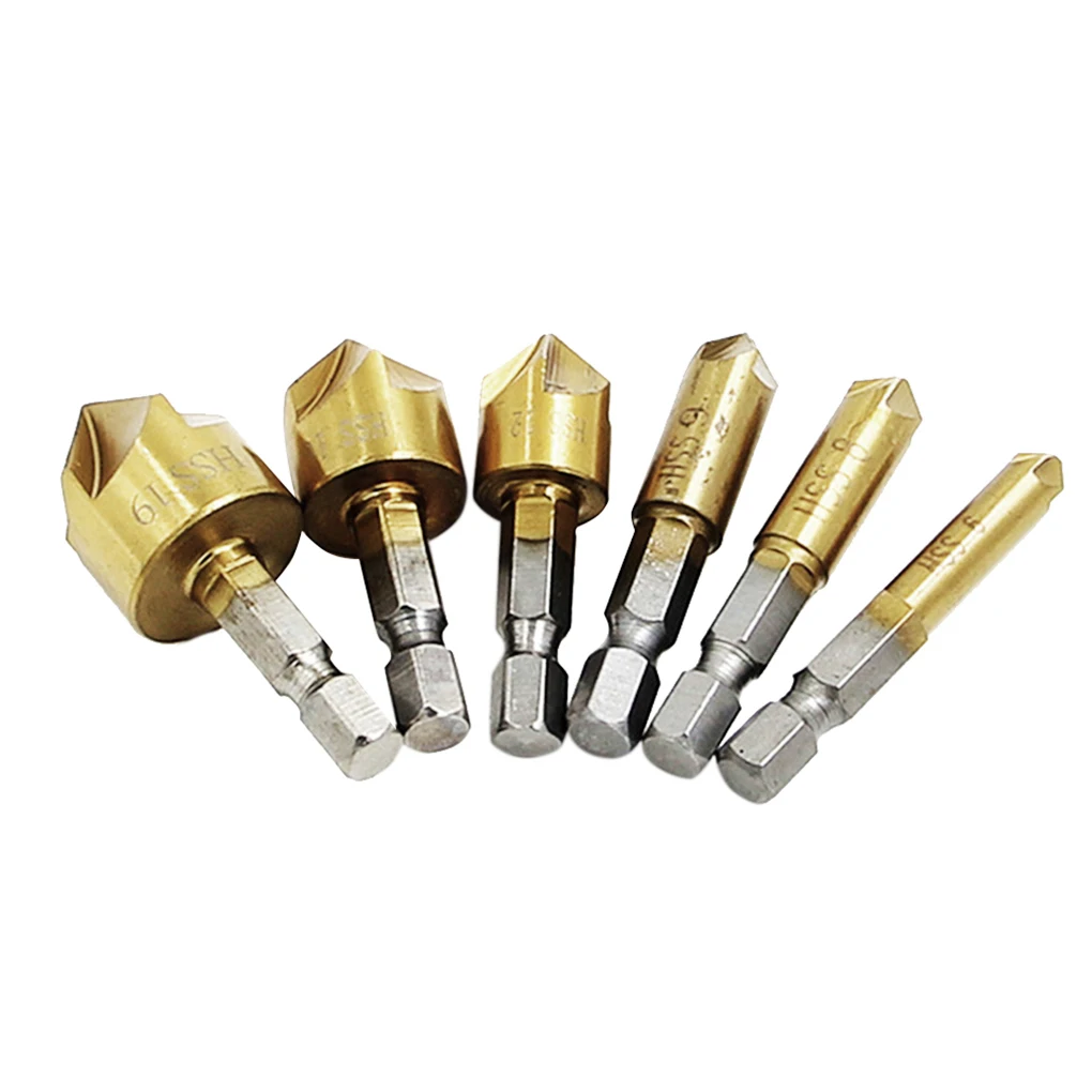 

6 шт./набор, фаски из быстрорежущей стали для зенковки, фаски 1/4 дюйма с шестигранным хвостовиком, резак для снятия фаски по дереву, 6 мм-19 мм