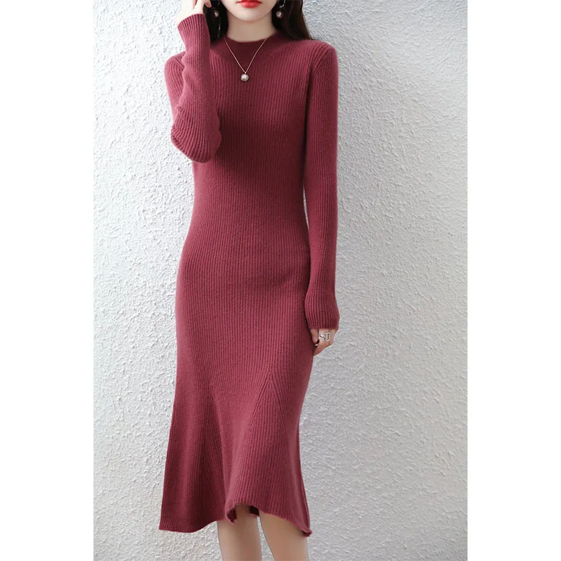 

Autumn and Winter New Striped Women's Half High Neck Knitted Dress Slim Fit Versatile 100% Pure Wool Mid Length Fishtail Dress