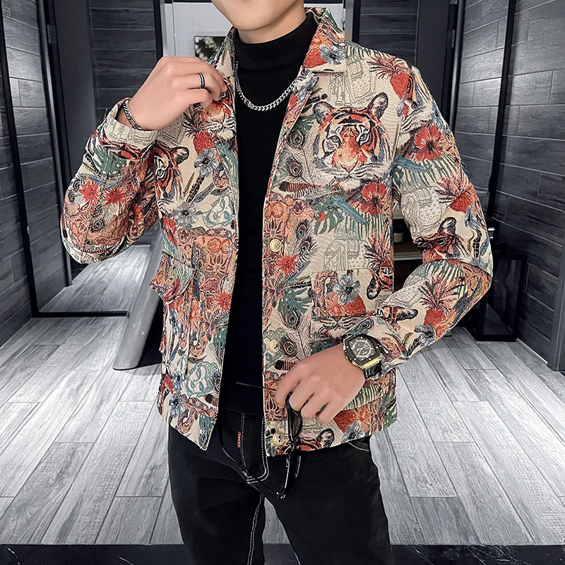 High Quality Men's Jacket Fashion Tiger Print Slim Casual Jacket Lapel Windbreaker Business Social Coats Streetwear Clothing